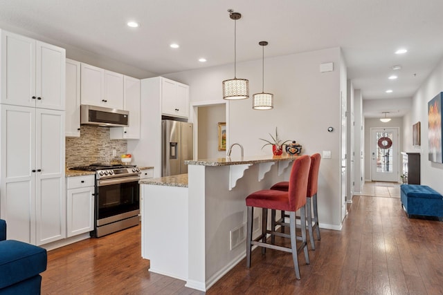 17785 Valley Cove Ct, Minnetonka, MN 55345 - kitchen with appliances with stainless steel finishes, decorative backsplash, a breakfast bar, recessed lighting, and dark wood finished floors