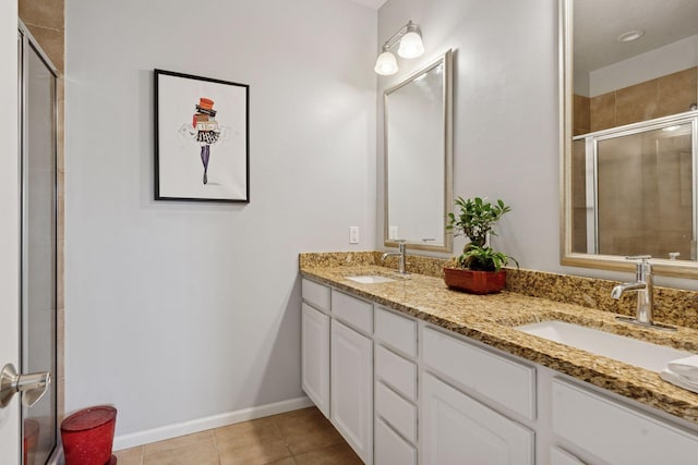 17785 Valley Cove Ct, Minnetonka, MN 55345 - bathroom with double vanity, a shower stall, tile patterned flooring, and baseboards