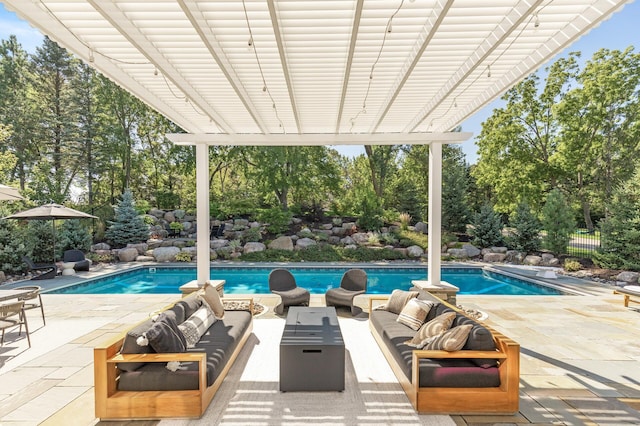 9195 Eagle Ridge Rd, Chanhassen, MN 55317 - swimming pool with outdoor lounge area, a patio area, and view of wooded area