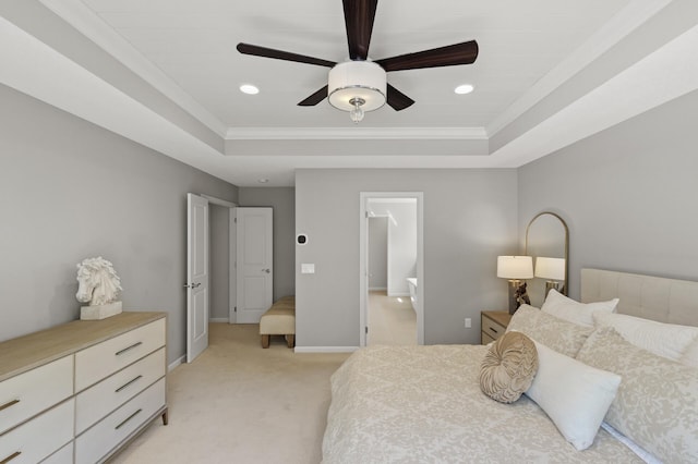 9195 Eagle Ridge Rd, Chanhassen, MN 55317 - bedroom featuring a tray ceiling, light carpet, baseboards, crown molding, and recessed lighting
