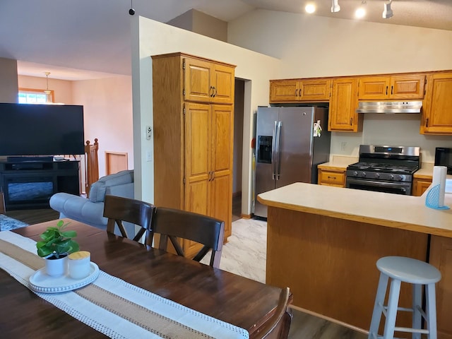 1874 Niagara St, Waconia, MN 55387 - kitchen featuring stainless steel appliances, under cabinet range hood, light countertops, a peninsula, and light wood-type flooring