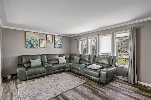 living area with ornamental molding and a healthy amount of sunlight