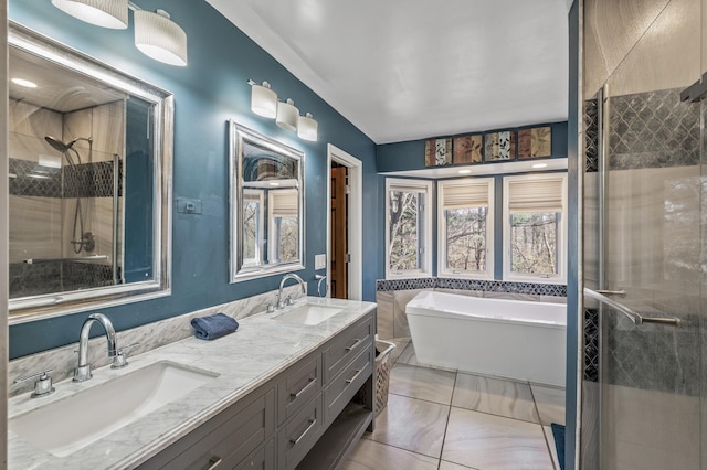 bathroom with a sink, a tile shower, and a freestanding bath