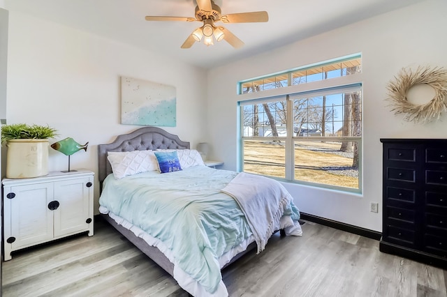 bedroom with ceiling fan and light wood-type flooring