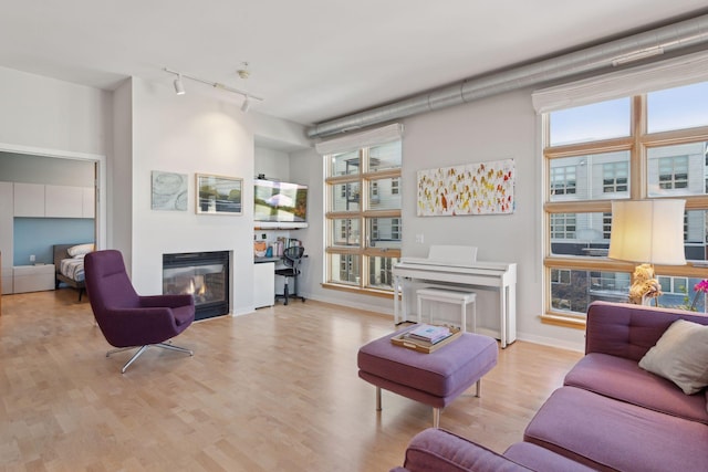 2840 Bryant Ave S Unit E302, Minneapolis, MN 55408 - living room featuring track lighting, a glass covered fireplace, and wood finished floors