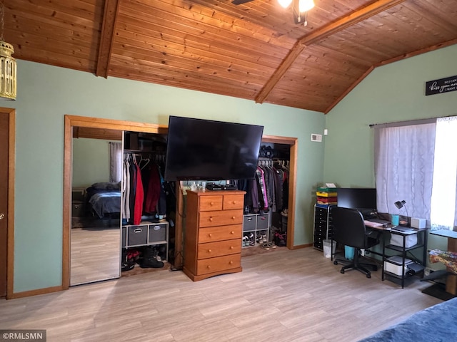 bedroom featuring baseboards, wood finished floors, wooden ceiling, and vaulted ceiling with beams