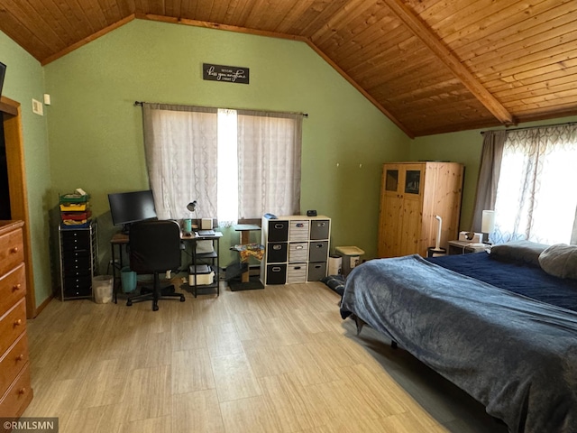 bedroom featuring wood finished floors, lofted ceiling, and wooden ceiling