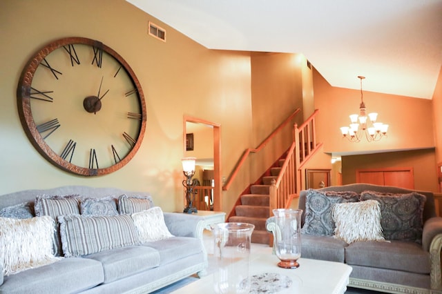 13720 Georgia Dr, Apple Valley, MN 55124 - living room with a chandelier, stairway, and lofted ceiling
