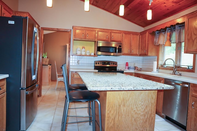 13720 Georgia Dr, Apple Valley, MN 55124 - kitchen featuring appliances with stainless steel finishes, wooden ceiling, decorative backsplash, vaulted ceiling, and light tile patterned floors