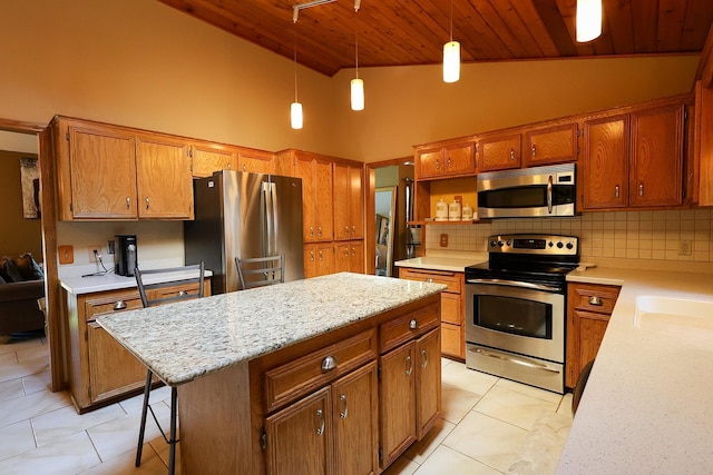 13720 Georgia Dr, Apple Valley, MN 55124 - kitchen featuring appliances with stainless steel finishes, wooden ceiling, backsplash, light tile patterned floors, and high vaulted ceiling