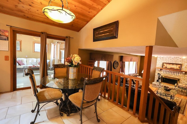 13720 Georgia Dr, Apple Valley, MN 55124 - tiled dining room with wood ceiling, plenty of natural light, a fireplace, and high vaulted ceiling