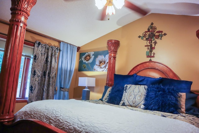 13720 Georgia Dr, Apple Valley, MN 55124 - bedroom with lofted ceiling, a ceiling fan, and decorative columns