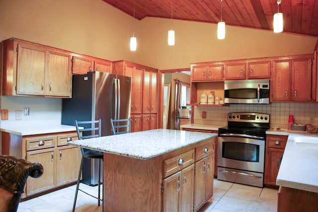 13720 Georgia Dr, Apple Valley, MN 55124 - kitchen featuring appliances with stainless steel finishes, wooden ceiling, decorative backsplash, light tile patterned floors, and a center island