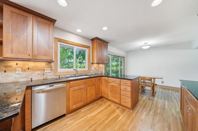 11413 Christansen Ct, Burnsville, MN 55337 - kitchen with stainless steel dishwasher, a sink, light wood-style floors, tasteful backsplash, and recessed lighting