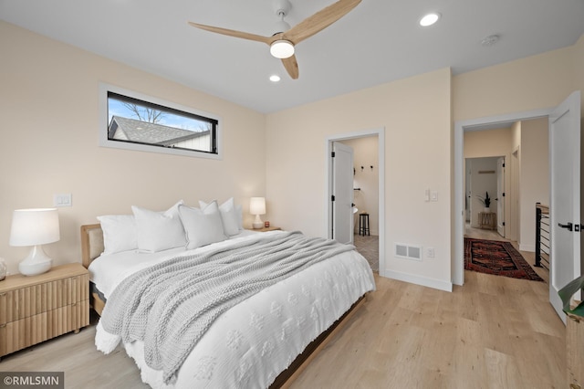 bedroom featuring visible vents, baseboards, ceiling fan, recessed lighting, and light wood-type flooring