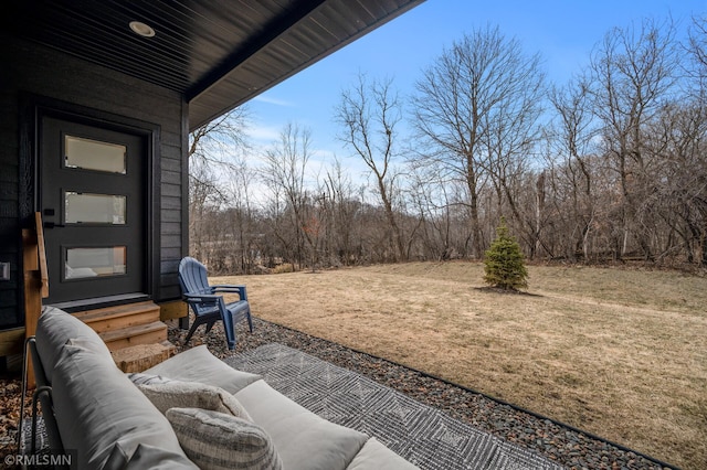 view of yard with an outdoor living space and entry steps