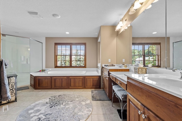 17397 73rd Pl N, Maple Grove, MN 55311 - bathroom with a shower stall, two vanities, a garden tub, a textured ceiling, and tile patterned flooring