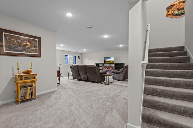 941 Whiskey Rd NW, Isanti, MN 55040 - living room featuring stairway, carpet floors, recessed lighting, and baseboards