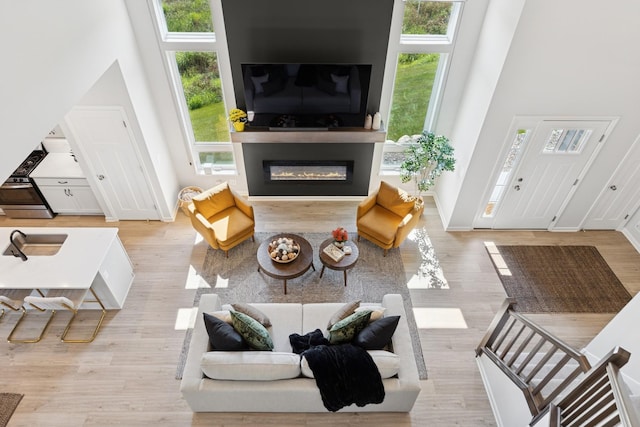 6767 Bluestem Way, Minnetrista, MN 55331 - living room featuring healthy amount of natural light, wood finished floors, a glass covered fireplace, and a high ceiling