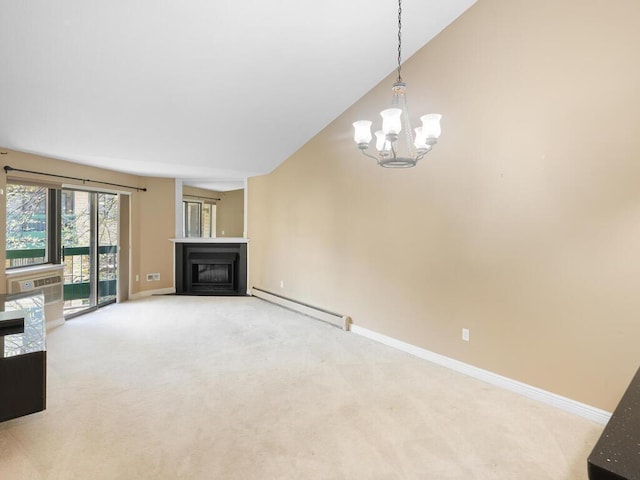 7605 Edinborough Way Unit 6314, Edina, MN 55435 - unfurnished living room featuring light carpet, a chandelier, baseboards, a fireplace with flush hearth, and a baseboard heating unit
