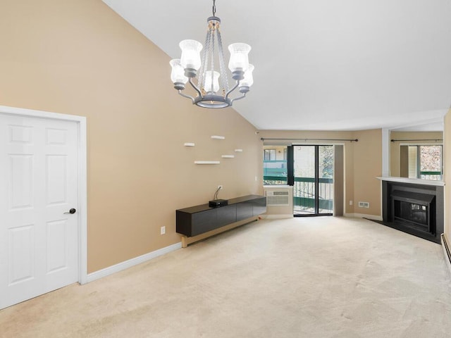 7605 Edinborough Way Unit 6314, Edina, MN 55435 - unfurnished living room with a chandelier, carpet, baseboards, a fireplace with flush hearth, and lofted ceiling