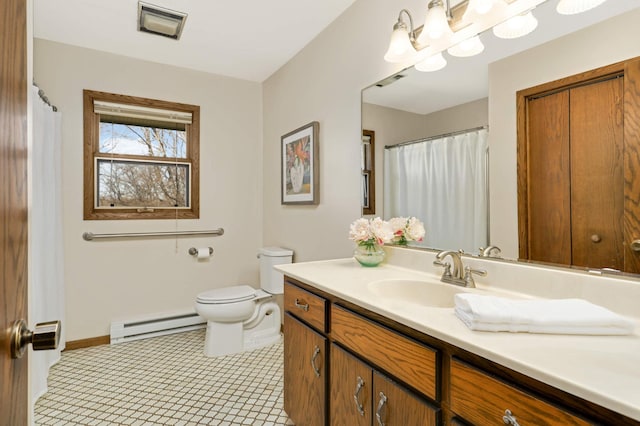 full bathroom with a baseboard radiator, vanity, toilet, and baseboards