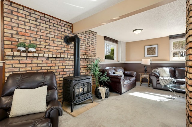 carpeted living room with a wood stove