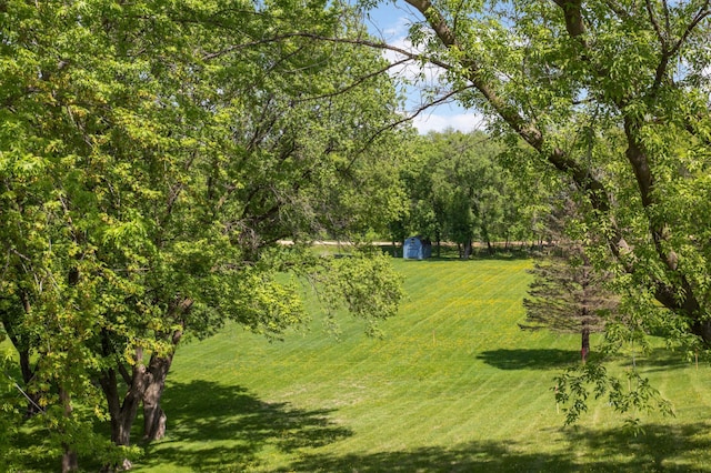 surrounding community featuring a storage shed, a lawn, and an outbuilding