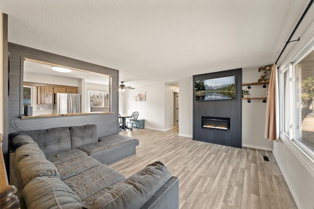 2510 152nd Ln NE, Ham Lake, MN 55304 - living area featuring light wood-type flooring, a large fireplace, a textured ceiling, and visible vents
