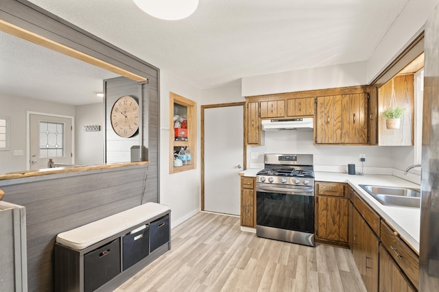 2510 152nd Ln NE, Ham Lake, MN 55304 - kitchen with light wood finished floors, a sink, under cabinet range hood, gas range, and brown cabinets