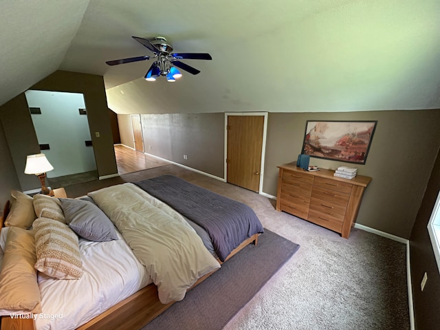 10855 150th St NE, Spicer, MN 56288 - bedroom with lofted ceiling, a ceiling fan, carpet floors, and baseboards