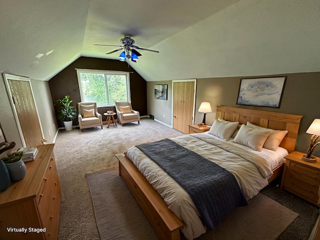 10855 150th St NE, Spicer, MN 56288 - bedroom featuring carpet flooring, lofted ceiling, baseboards, and ceiling fan