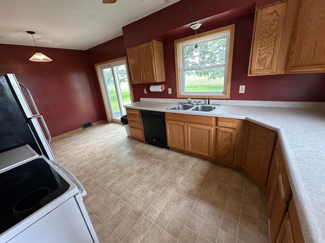 10855 150th St NE, Spicer, MN 56288 - kitchen featuring a sink, freestanding refrigerator, dishwasher, white electric range, and light countertops