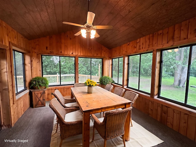 6480 Long Lake Rd, Willmar, MN 56201 - sunroom featuring vaulted ceiling, plenty of natural light, wood walls, and wooden ceiling