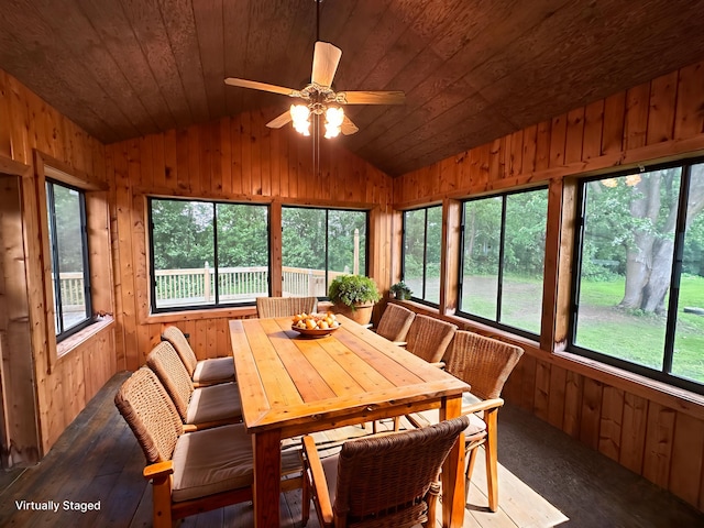 6480 Long Lake Rd, Willmar, MN 56201 - dining room featuring lofted ceiling, plenty of natural light, wood walls, wooden ceiling, and wood-type flooring