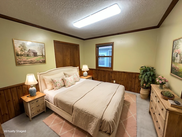 6480 Long Lake Rd, Willmar, MN 56201 - bedroom featuring light colored carpet, a wainscoted wall, wood walls, and crown molding