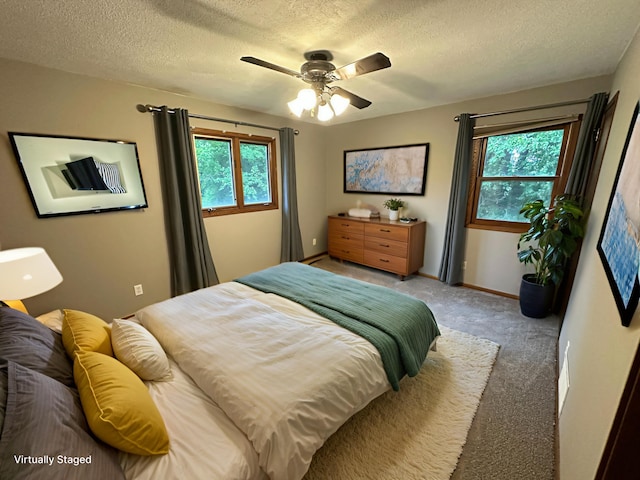 6480 Long Lake Rd, Willmar, MN 56201 - bedroom featuring multiple windows, light colored carpet, a textured ceiling, and ceiling fan