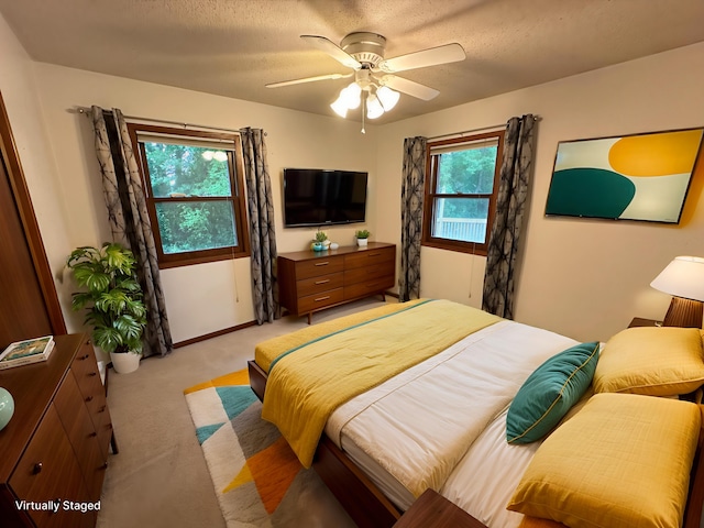 6480 Long Lake Rd, Willmar, MN 56201 - bedroom with light colored carpet, a textured ceiling, and a ceiling fan