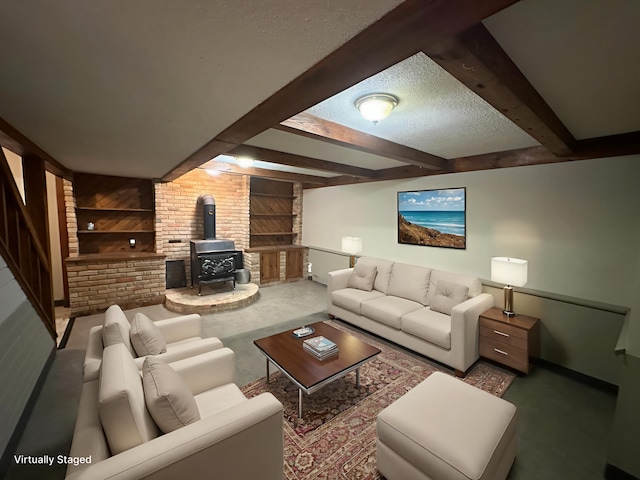 6480 Long Lake Rd, Willmar, MN 56201 - living area with a wood stove, beam ceiling, a textured ceiling, and carpet flooring
