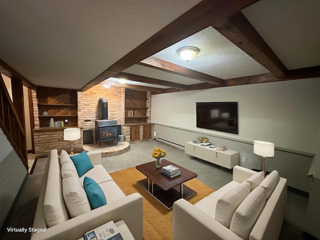 6480 Long Lake Rd, Willmar, MN 56201 - living room featuring a wood stove, beamed ceiling, wooden walls, a textured ceiling, and carpet flooring