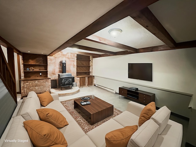 6480 Long Lake Rd, Willmar, MN 56201 - living area with a wood stove, a baseboard heating unit, built in features, beamed ceiling, and carpet floors