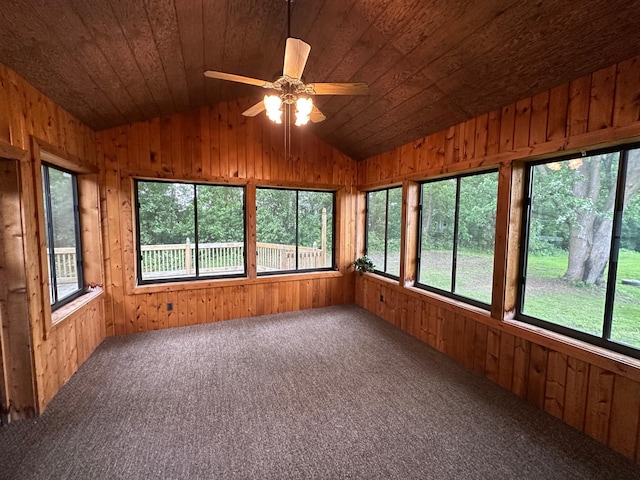 6480 Long Lake Rd, Willmar, MN 56201 - unfurnished sunroom featuring vaulted ceiling, plenty of natural light, carpet flooring, wooden walls, and wood ceiling