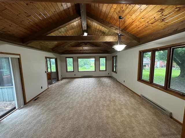6480 Long Lake Rd, Willmar, MN 56201 - carpeted spare room with a baseboard heating unit and wooden ceiling