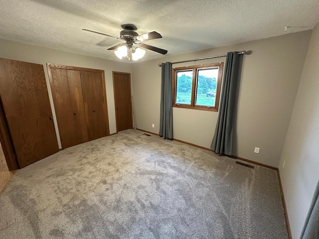 6480 Long Lake Rd, Willmar, MN 56201 - unfurnished bedroom featuring two closets, a textured ceiling, light colored carpet, and a ceiling fan