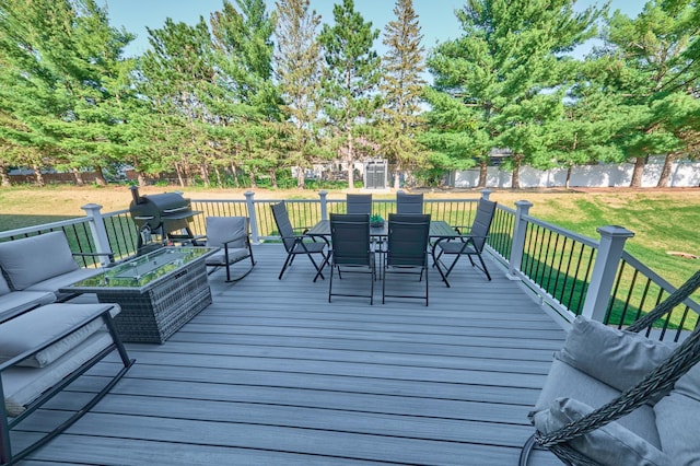 12972 Bauer Dr N, Champlin, MN 55316 - wooden terrace with outdoor dining area and outdoor lounge area