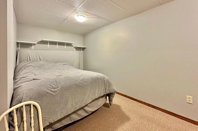bedroom with baseboards, a paneled ceiling, and carpet