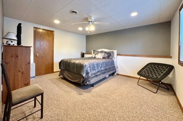 carpeted bedroom with visible vents, recessed lighting, baseboards, and a ceiling fan