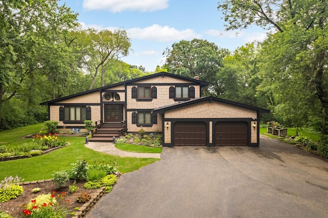 5853 Deer Trail Cir, Woodbury, MN 55129 - split level home featuring driveway, an attached garage, a front lawn, and a chimney