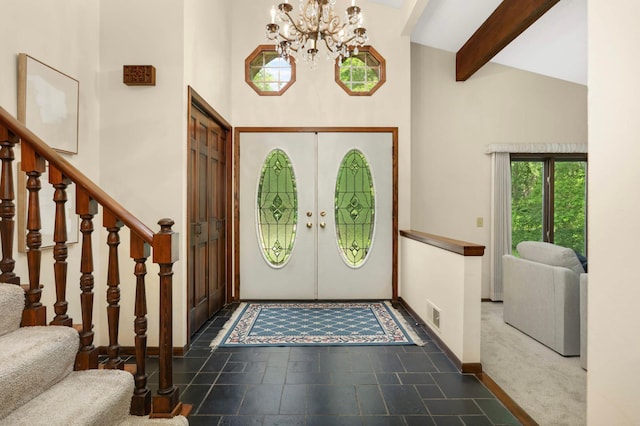 5853 Deer Trail Cir, Woodbury, MN 55129 - entrance foyer featuring a chandelier, a towering ceiling, stairs, french doors, and beam ceiling