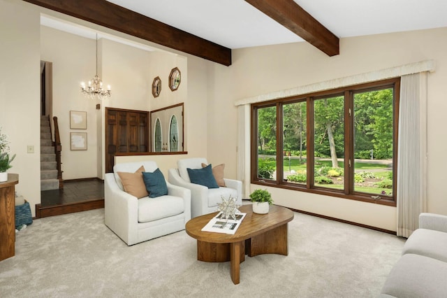 5853 Deer Trail Cir, Woodbury, MN 55129 - living room featuring stairs, carpet floors, and a chandelier